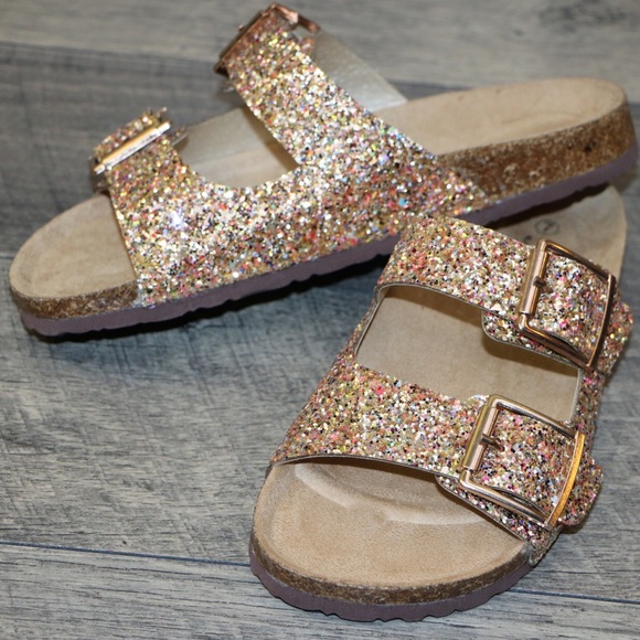 Gold Glitter double strap footbed slider sandal - Picture 2 of 7